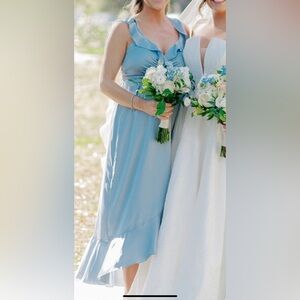 Show Me Your Mumu Samantha Ruffle Dress Steel Blue Satin size Small